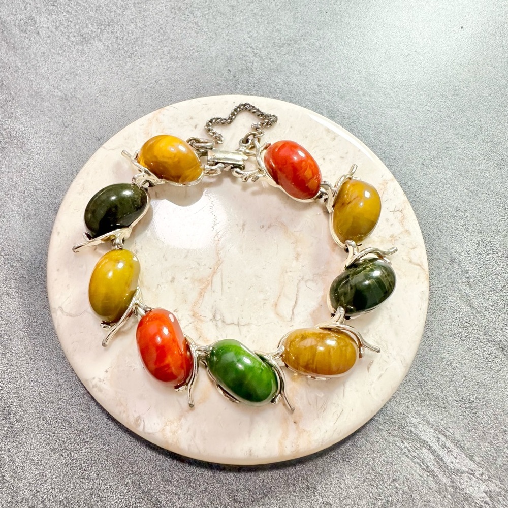 Vintage Bakelite Multi Colored Cabochon Sliver Tone Bracelet